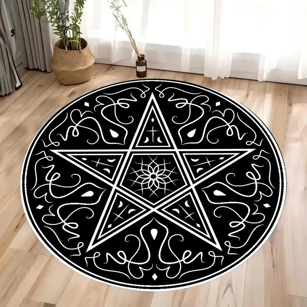 tapis noir blanc motifs géométriques symboles religieux tête bête 80x80cm moderne gothique decoration maison