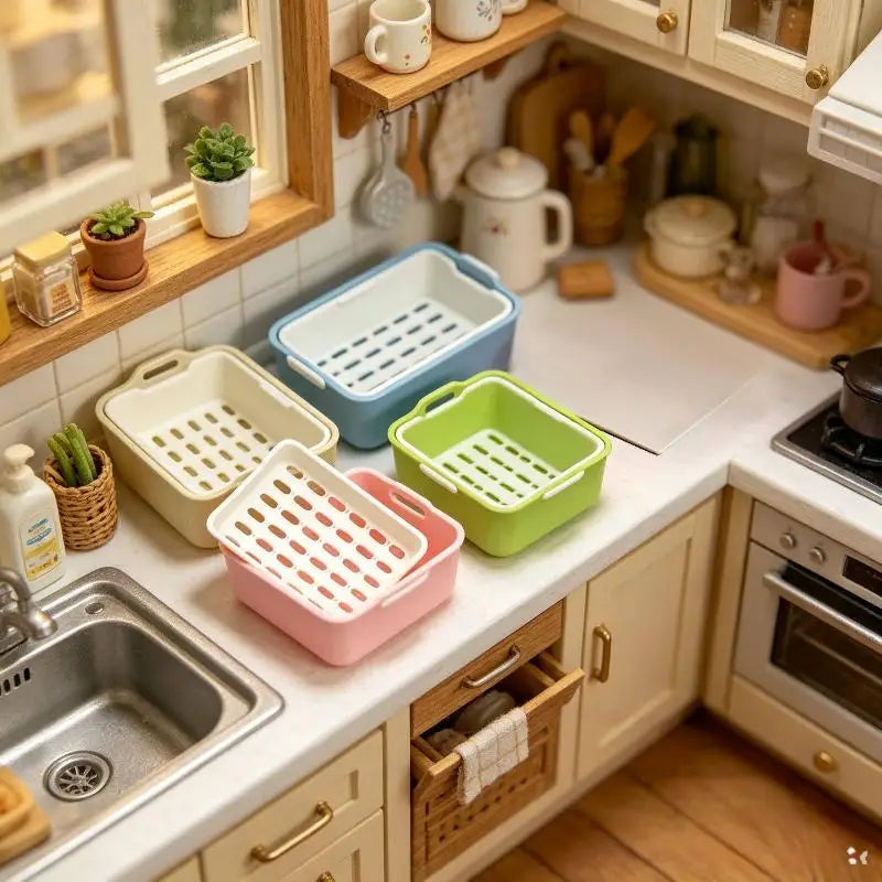paniers fruits légumes résine miniature moderne bleu rose vert beige grille perforations opaques pratiques