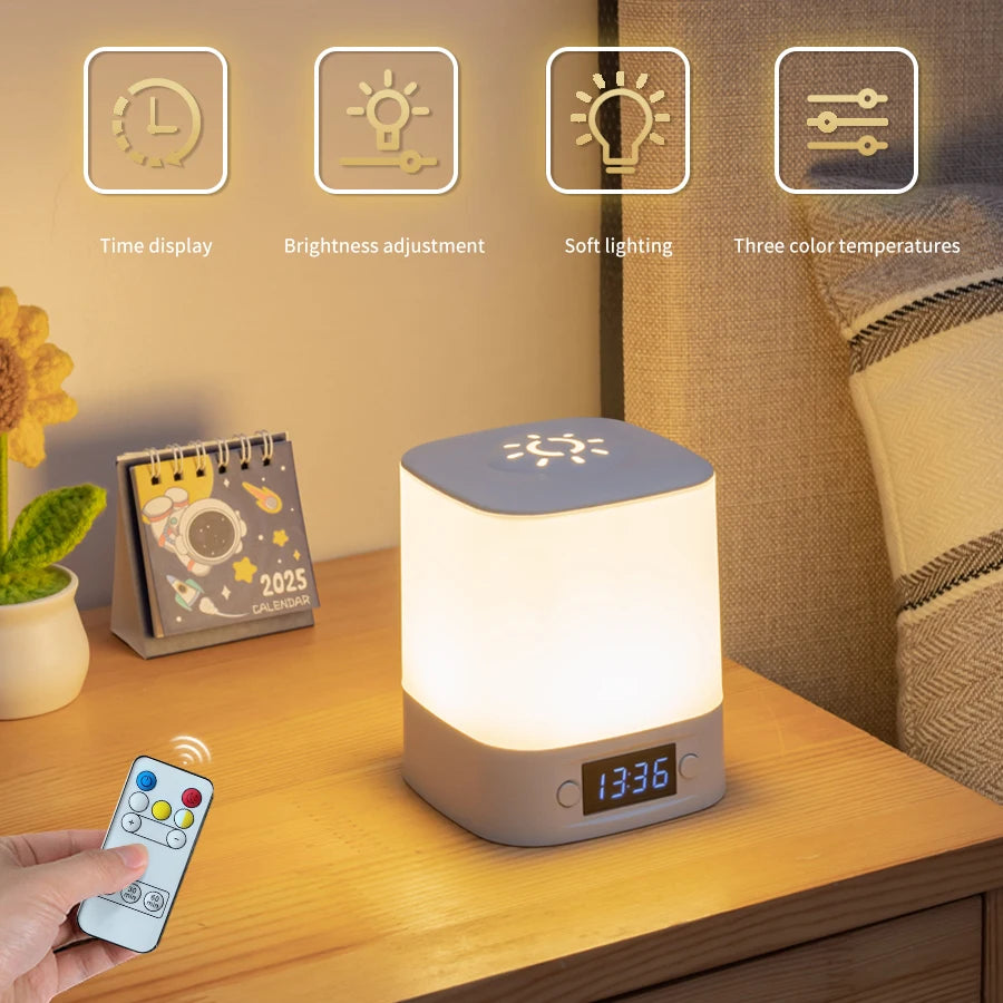 lampe chevet gris clair motif soleil rechargeable usb horloge tactile moderne veilleuse chambre enfant