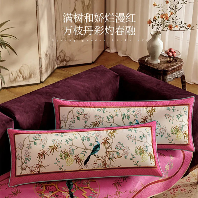 coussin canapé rectangle fleurs oiseaux violet rose vert bleu beige traditionnel vintage decorative 35x100cm