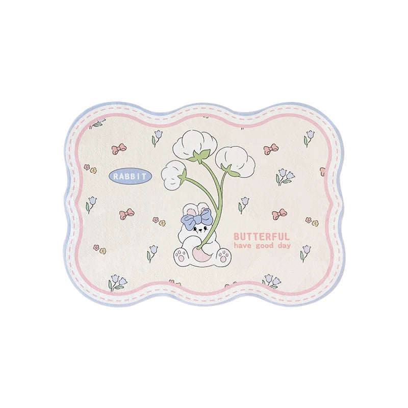 tapis dessin animé ours fruits fleurs vert clair rose pâle beige antidérapant confortable intérieur