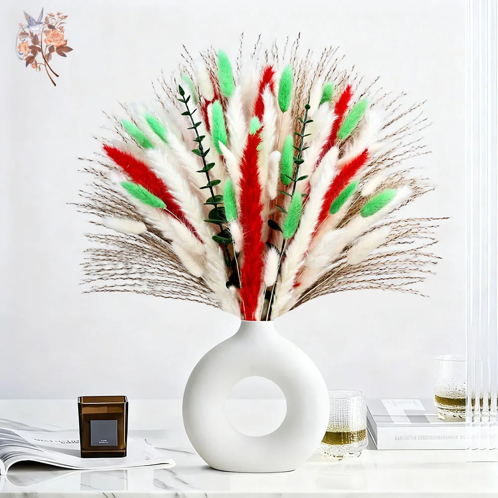 décoration boho bouquet pampas blanc rouge vert feuilles eucalyptus dried flowers intérieur anniversaire mariage