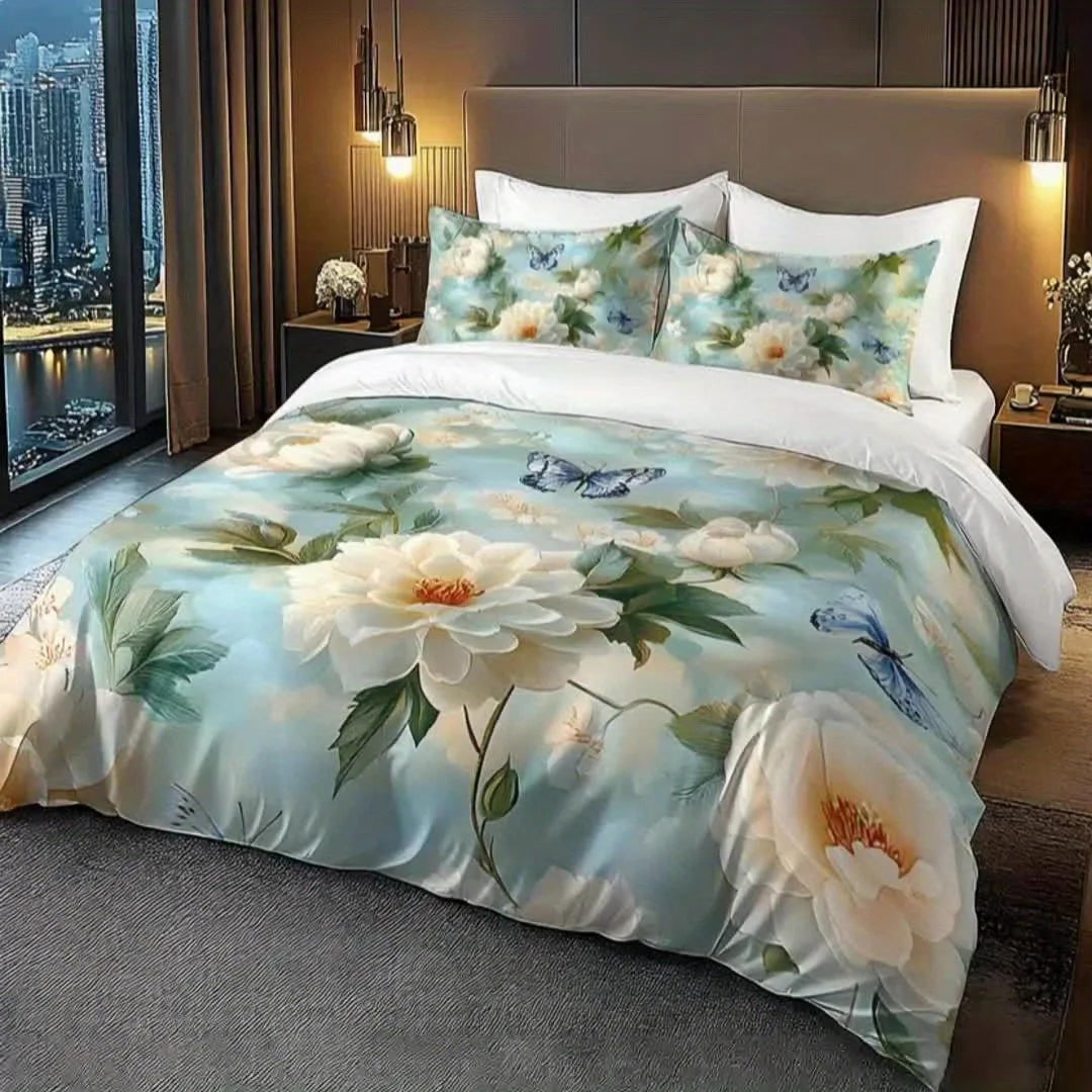 parure lit fleurs blanches papillons bleus classique romantique 100 polyester brossé double queen size