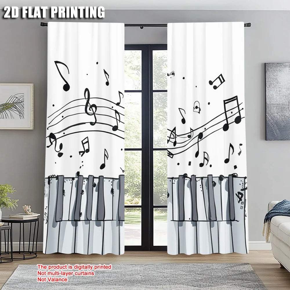 rideau moderne notes musique piano blanc noir polyester deux panneaux