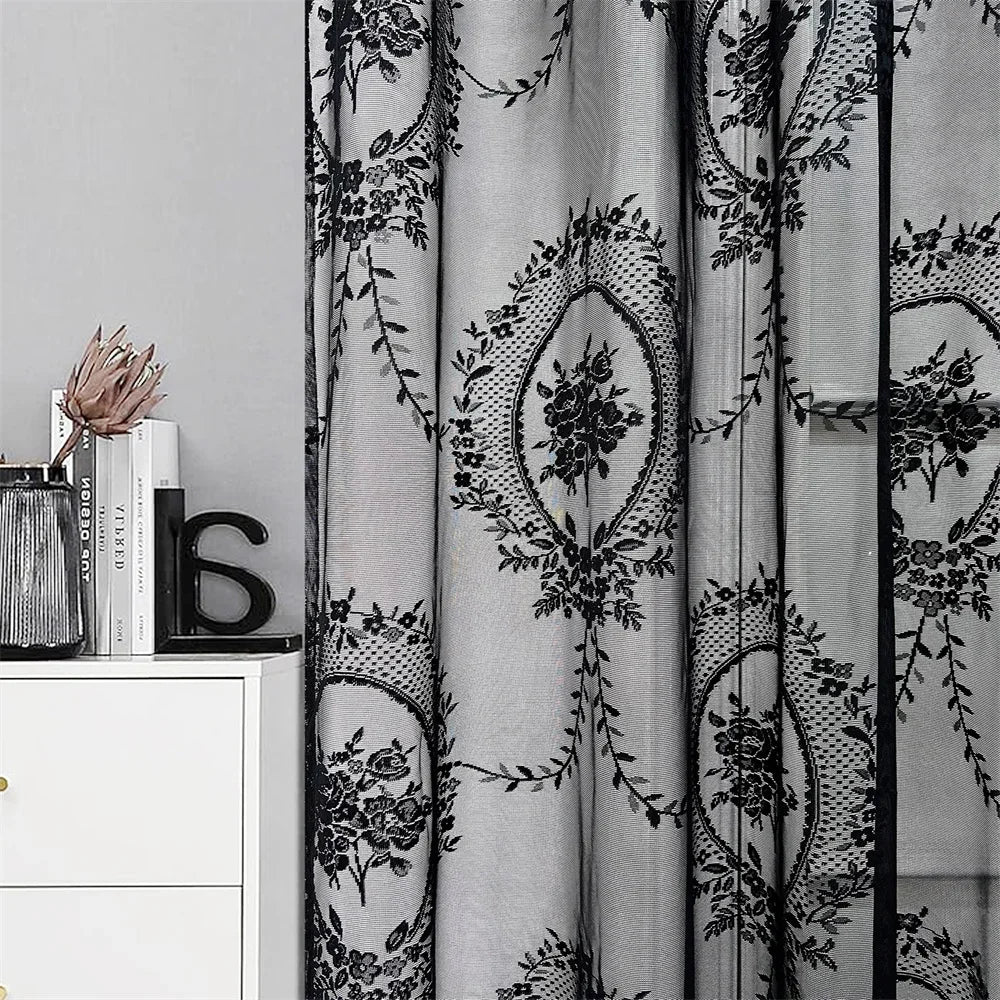 rideau voilage gris foncé motifs floraux translucide bohème chic vintage chambre coucher