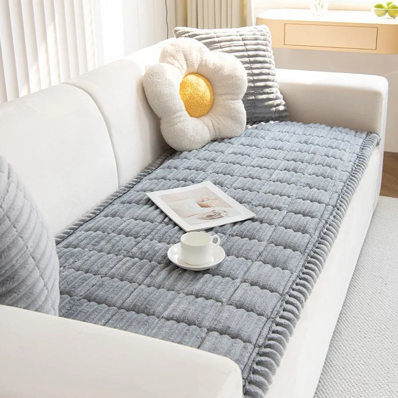 housse canapé gris clair rayures horizontales flanelle salon hiver moderne