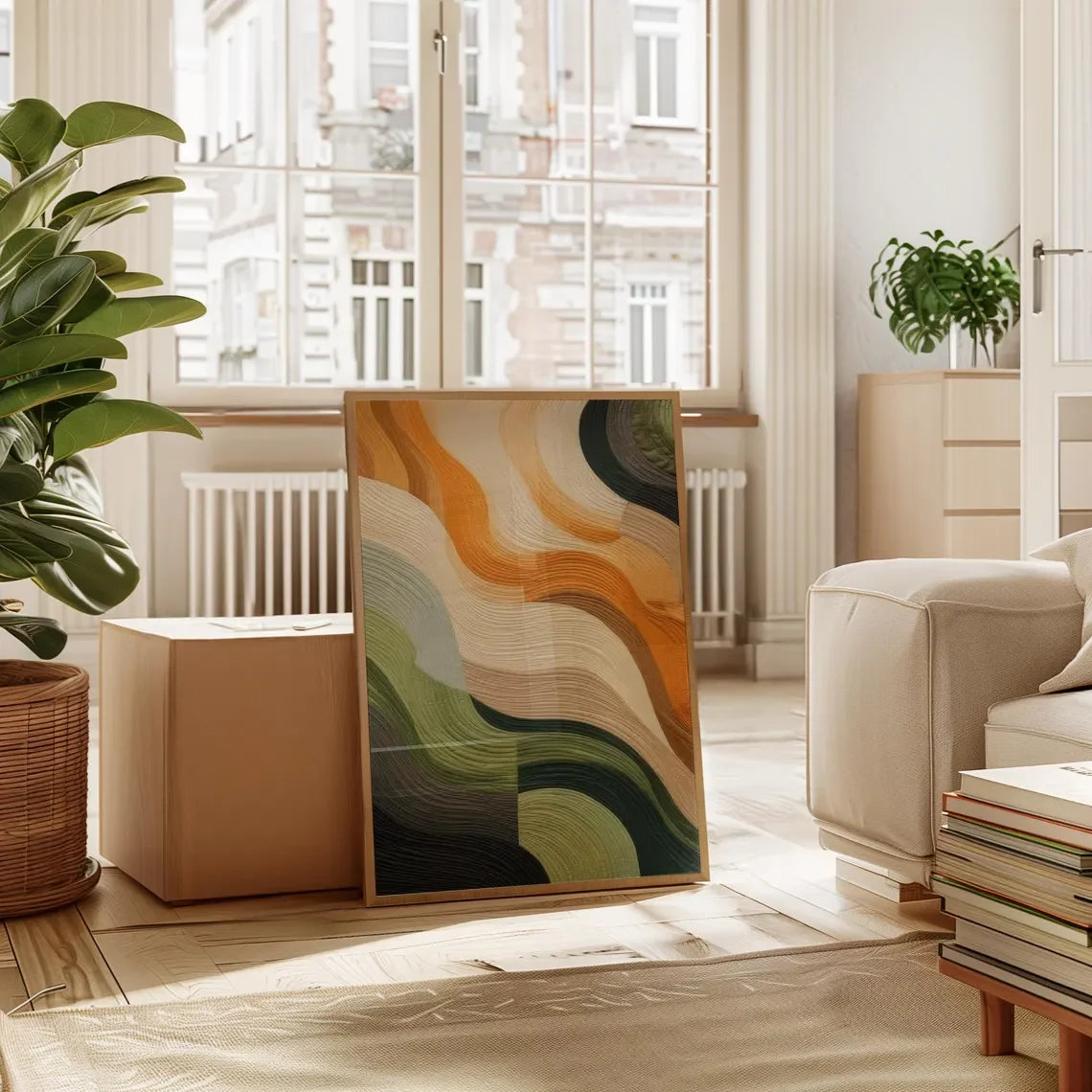 tableau abstrait ondulé orange vert beige noir moderne impression toile rectangle vertical chambre salon