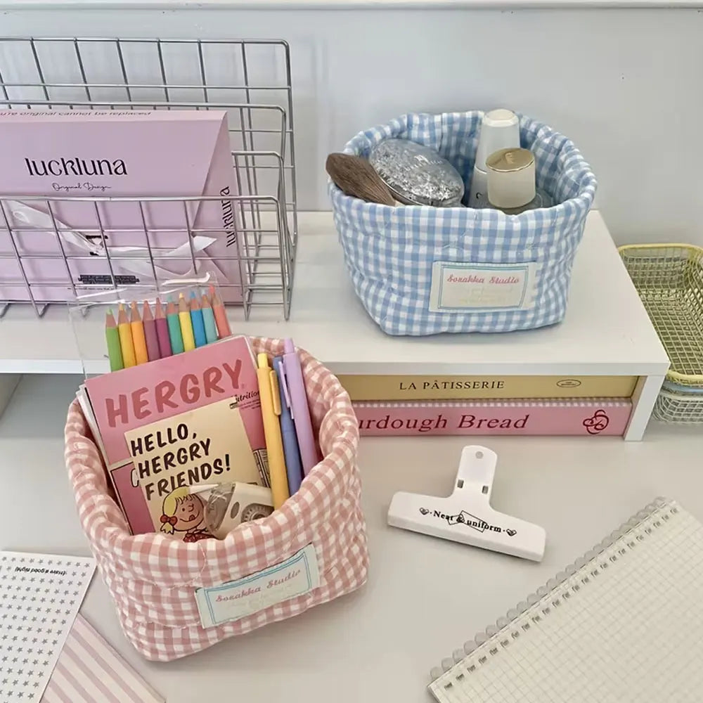 panier rangement tissu carreaux blancs bleu rose jaune vintage utilisation multiple portable opacité