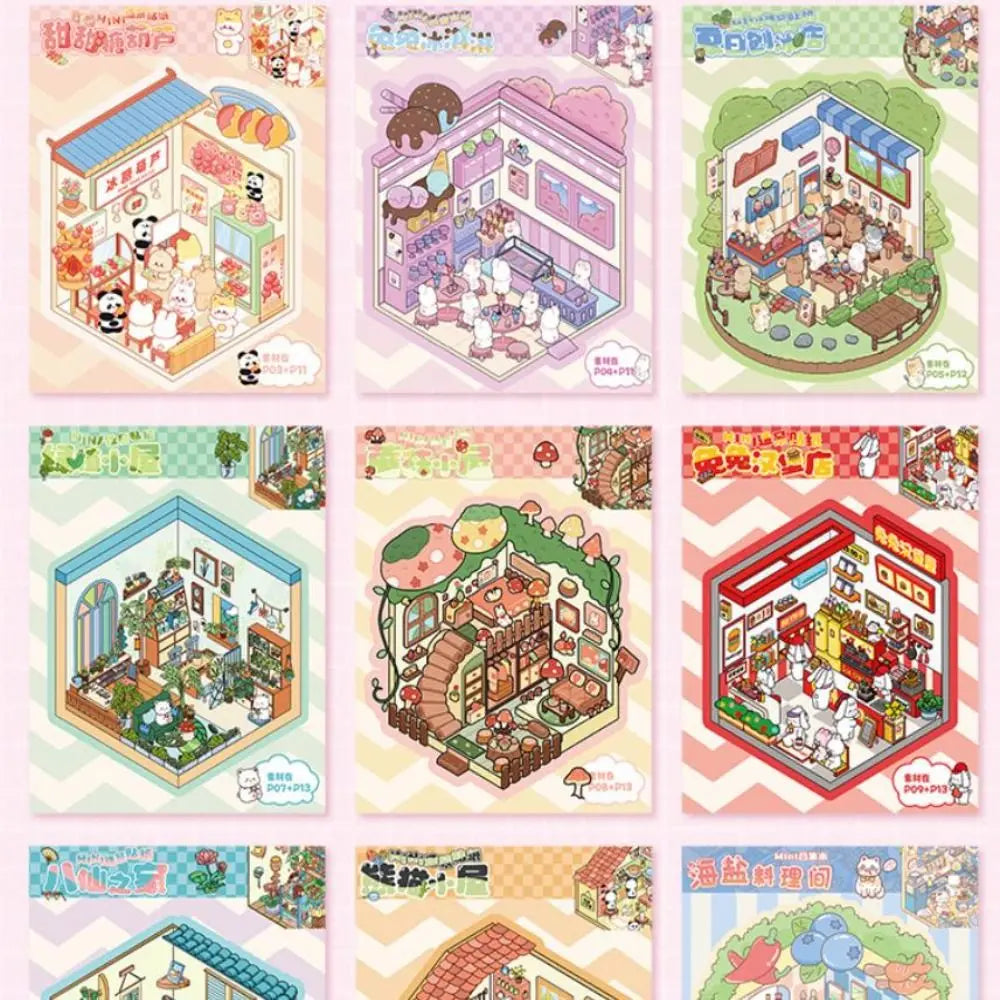livre stickers scènes miniatures animaux mignons illustrations cartoon rose blanc multicolore