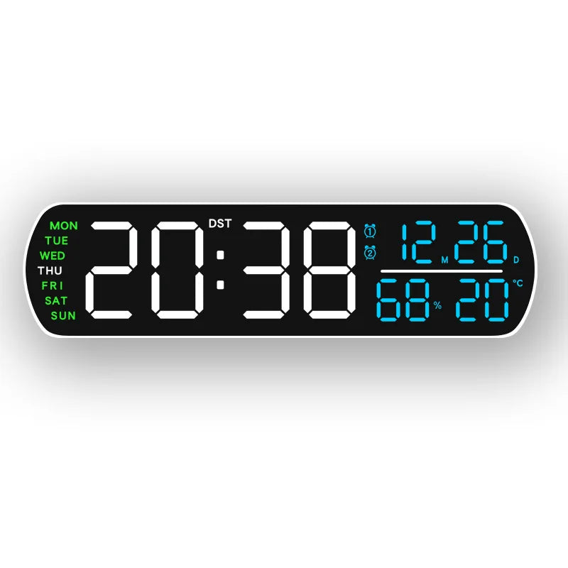 horloge numérique moderne écran led noir vert blanc réglable calendrier double alarme compteur