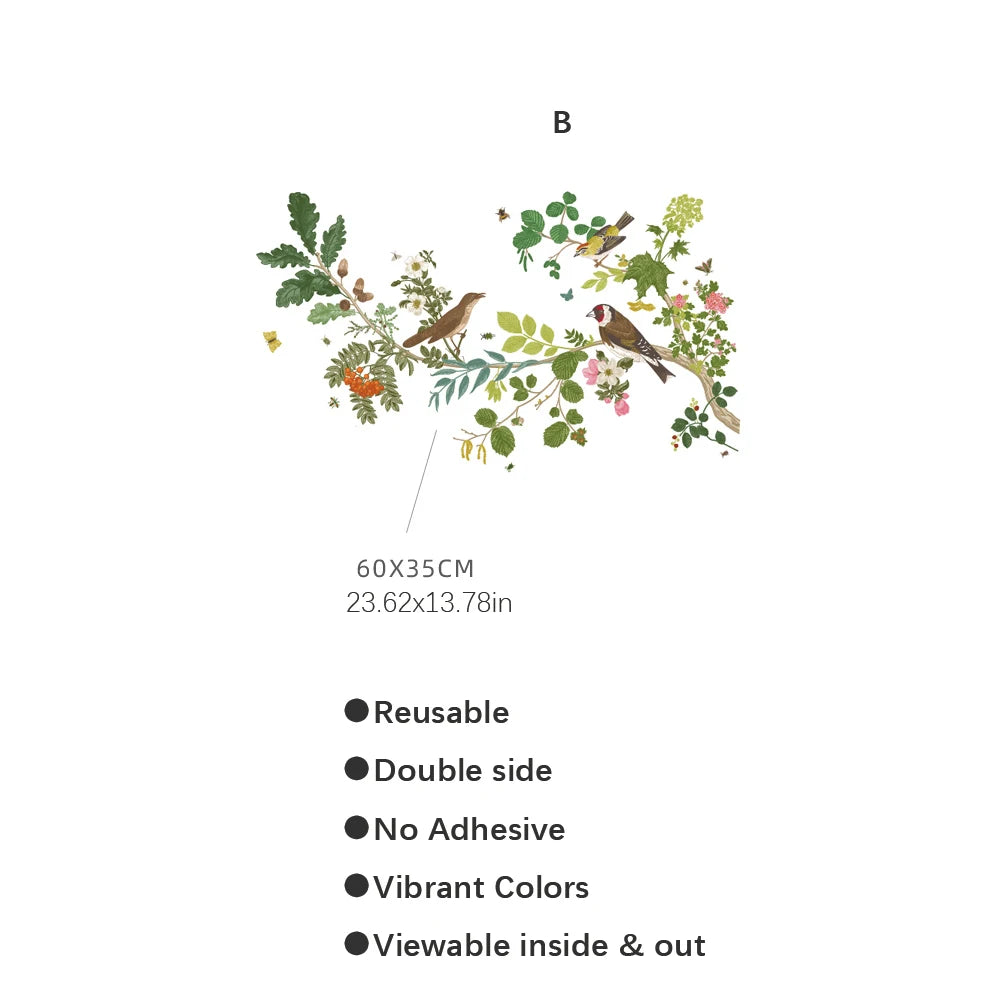 décoration fenêtre sticker floral oiseaux branches feuilles transparente naturelle 52x30cm 23.62x13.78in