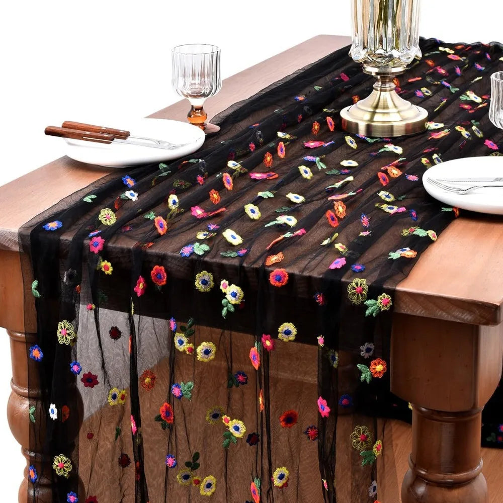 nappe transparent tulle fleurs brodées table manger décoration champêtre pâques fête couleurs variées