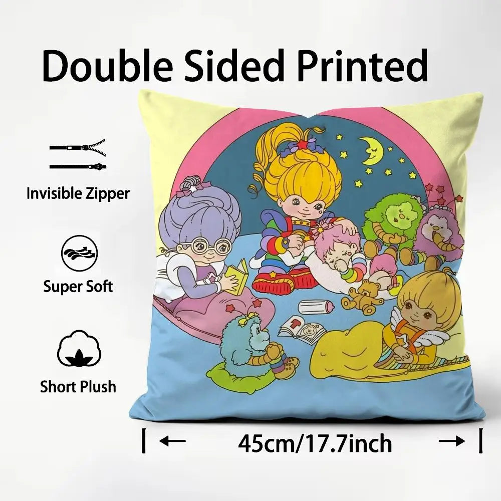 housse coussin vintage cartoon arc ciel personnages étoiles 45x45cm polyester bleu jaune rose noir