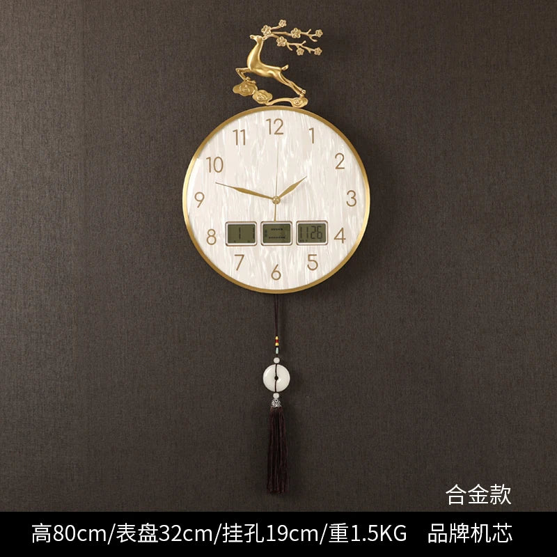 horloge murale moderne ornement cerf cadre doré aiguilles tissu noir pompon nouveau chinois