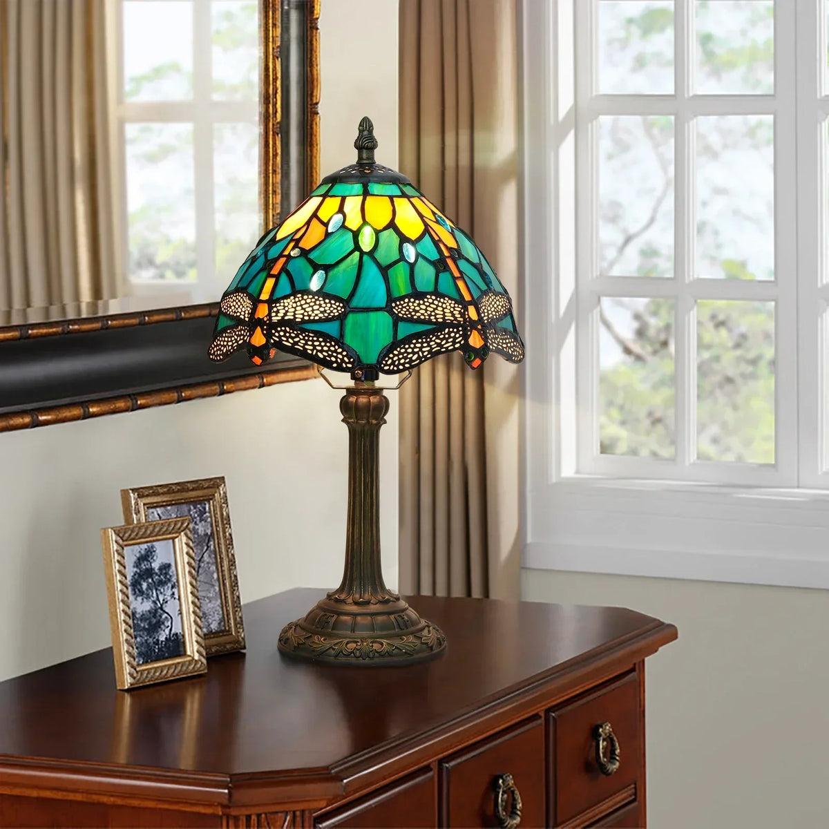 lampe table tiffany mosaïque verre coloré floral interrupteur bascule métal doré