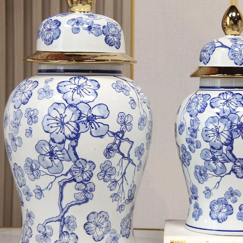 pot épices céramique blanc bleu fleurs cerisier couvercle poignée dorée traditionnel deco intérieur moderne