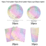 vaisselle jetable fête anniversaire moderne multicolore pailletée assiettes tasses serviettes pailles bannière happy birthday