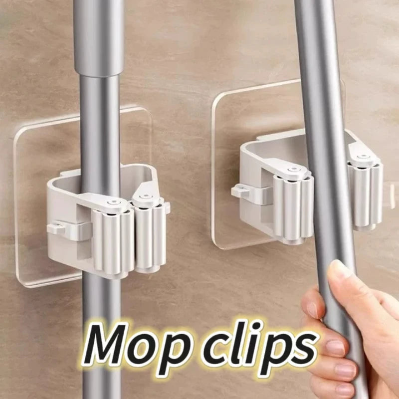 porte balai adhésif transparent blanc gris moderne support mops clips rangement cuisine salle bains