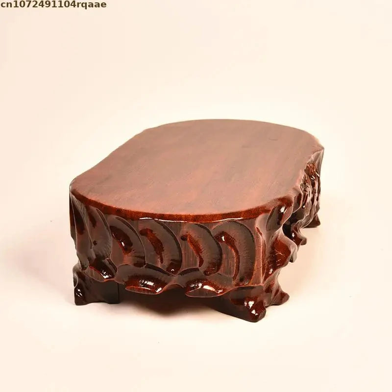 support bonsaï bois sculpté motifs floraux artisanal marron foncé unique présentation plante fleur