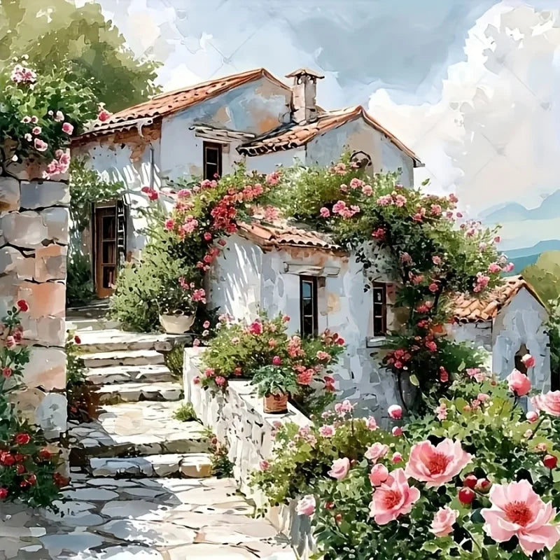 tableau diamanté fleurs paysage rural classique toile colorée résine opaque artisanal fleurs artificielles