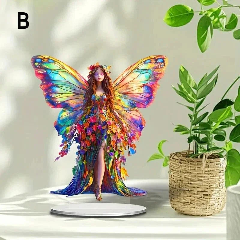 statue décorative fée papillon bleu blanc doré plumes vêtements brodés motifs floraux fantaisie base