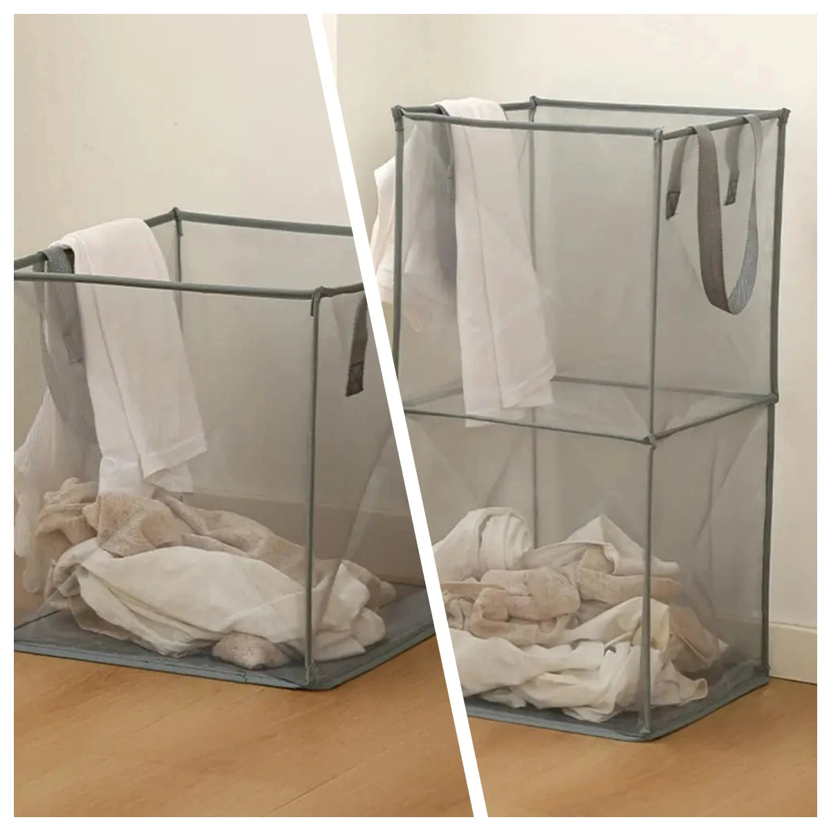 panier linge pliable transparent moderne polyester poignées noires réutilisable multiple capacité grande