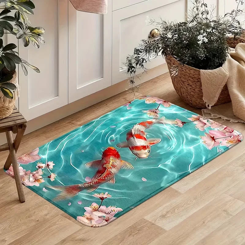 tapis sol antidérapant polyester poissons koi fleurs cerisier moderne bleu rouge blanc rose