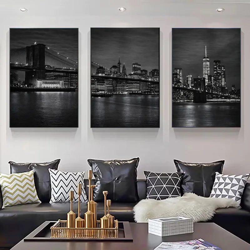 décoration murale triptyque art contemporain noir blanc paysage urbain nocturne york chambre salon