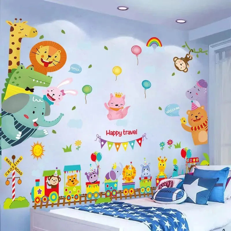 stickers muraux animaux cartoon multicolores enfants deco chambre salon adhésifs