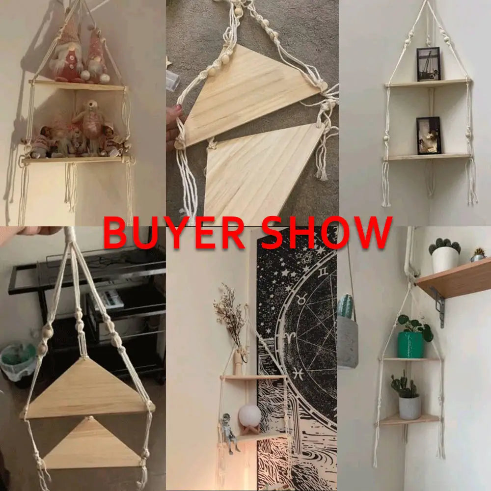 étagère suspendue macramé bois bohème plante verte pot vase fleur rose buste photo chambre