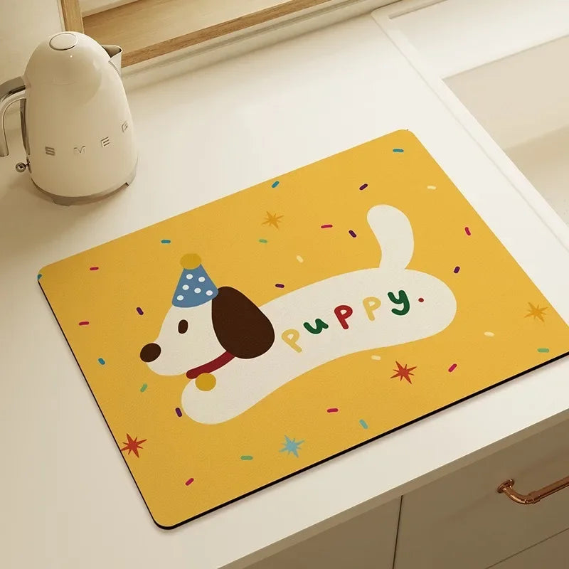 tapis cuisine drain plat illustration chiots motifs colorés résistant antibactérien antislip blanc moderne
