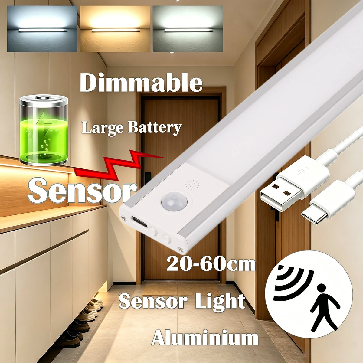 lampe sous meuble rechargeable usb blanc moderne sensor mouvement led aluminium