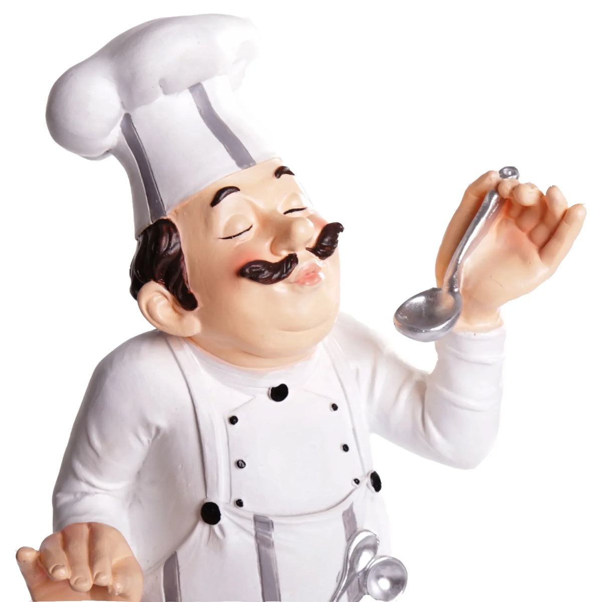 statue cuisinier résine détails sculptés assiette dessert gobelet bouteille sauce plateau pain blanc gris