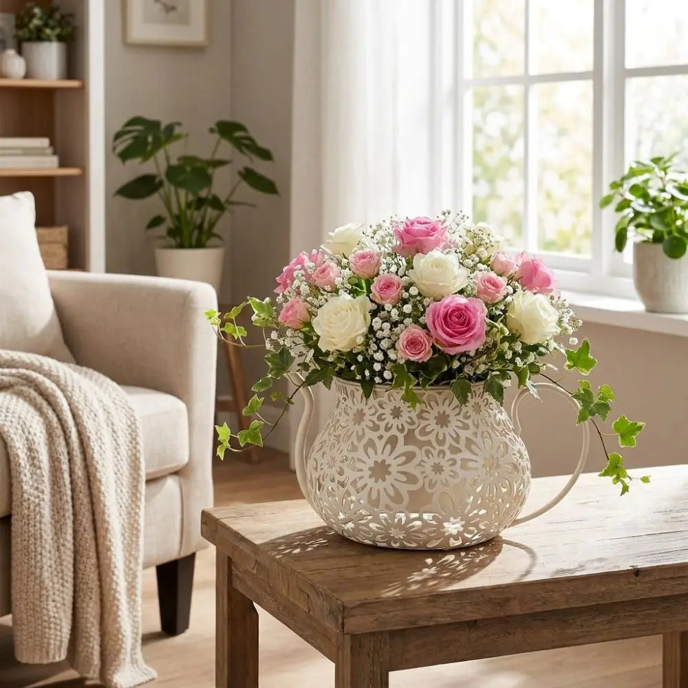 Pots fleurs vintage métal rose beige bleu clair vert marron noir fleurs découpées poignées