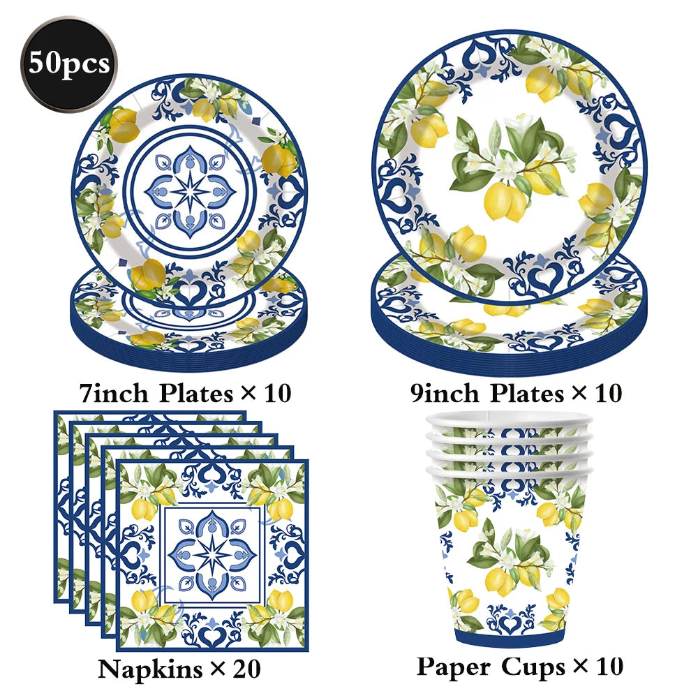 vaisselle jetable assiettes gobelets serviettes motif floral citron anniversaire mariage festive