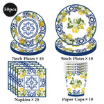 vaisselle jetable assiettes gobelets serviettes motif floral citron anniversaire mariage festive