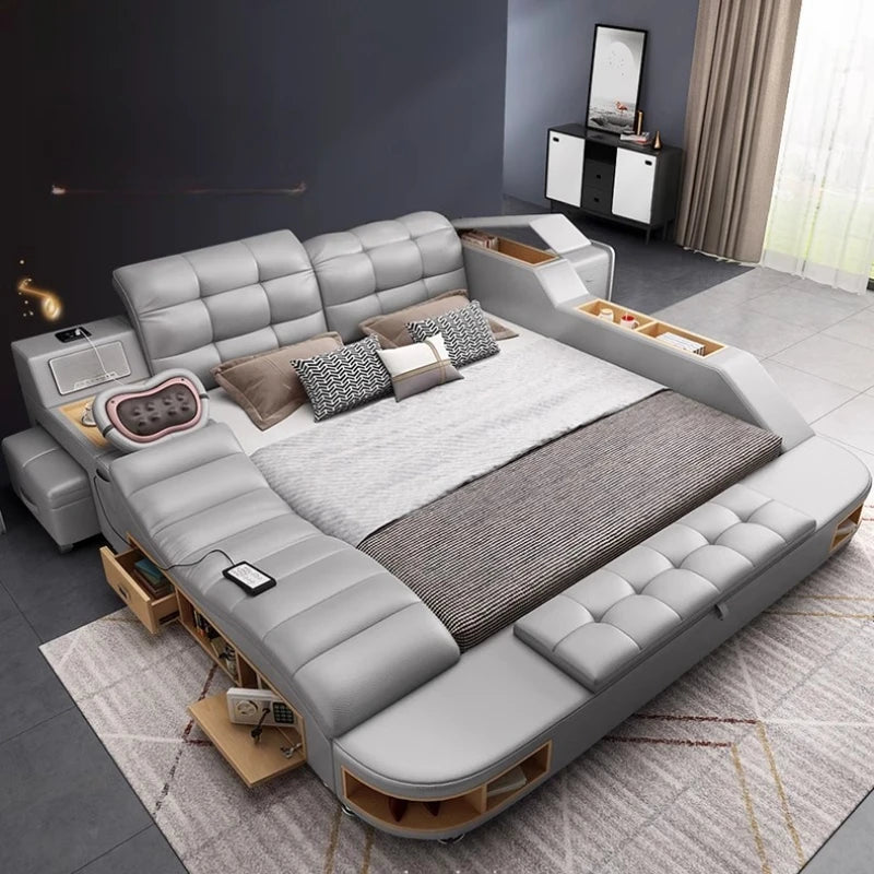 lit multifonctionnel moderne gris clair simili cuir tapis coussins rangement sous lit