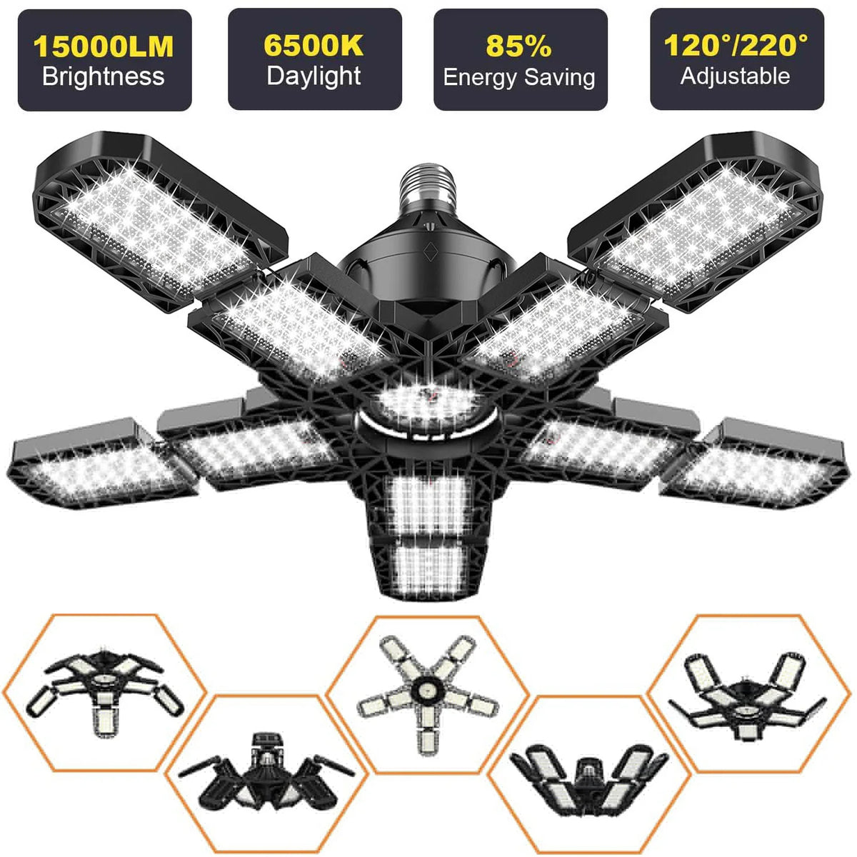 lampe garage led 10 panneaux ajustables e26 e27 industrielle moderne 6500k 150w
