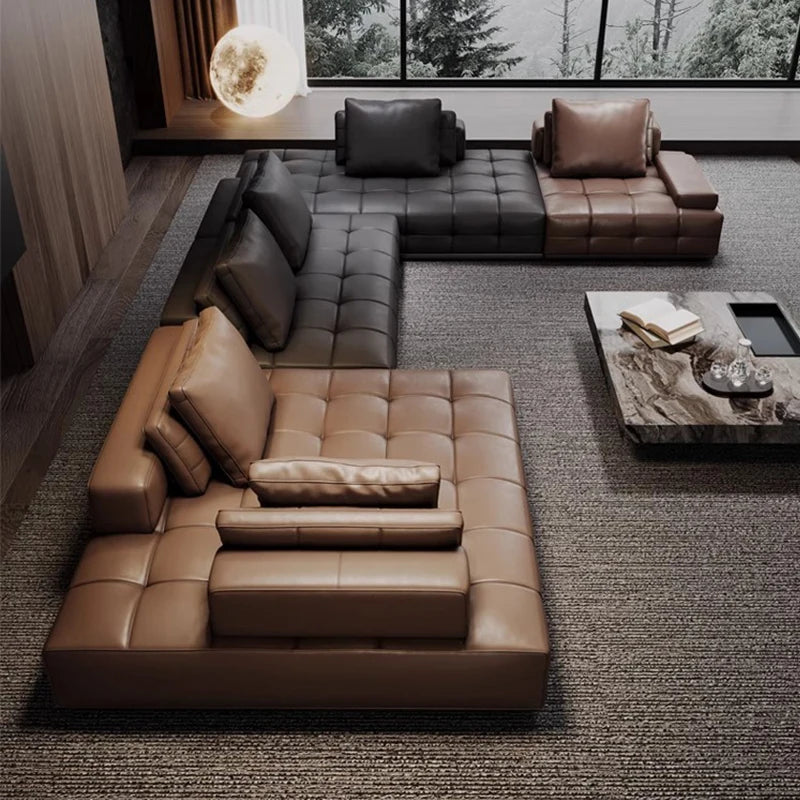 grand canapé angle cuir marron moderne coussins salon appartement luxe