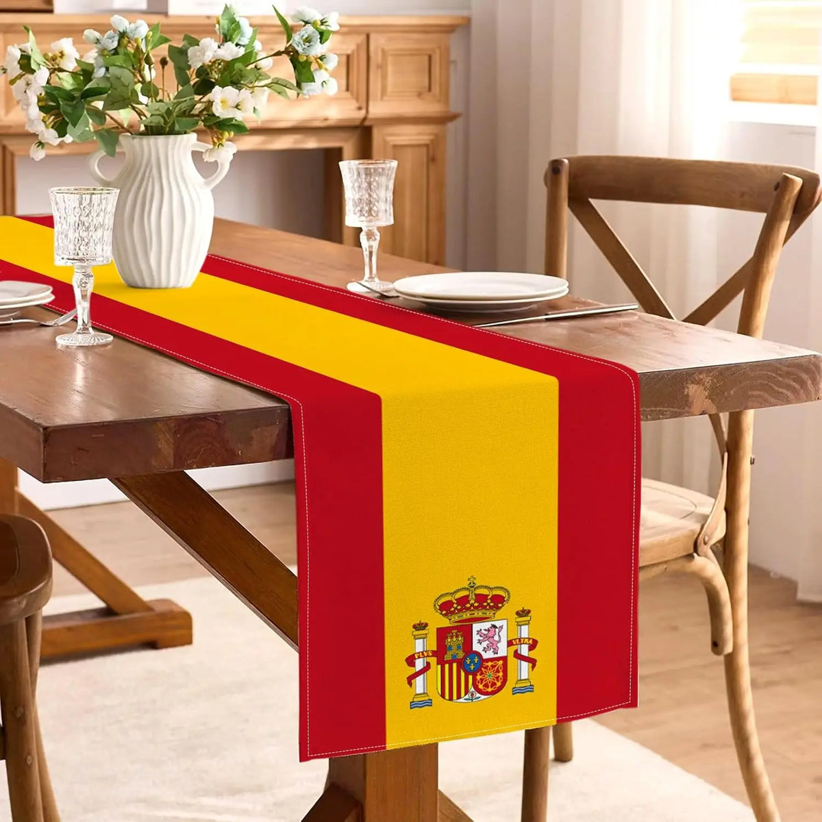nappe lin rouge jaune drapeau espagnol écusson central festive mariage anniversaire décoration table cuisine