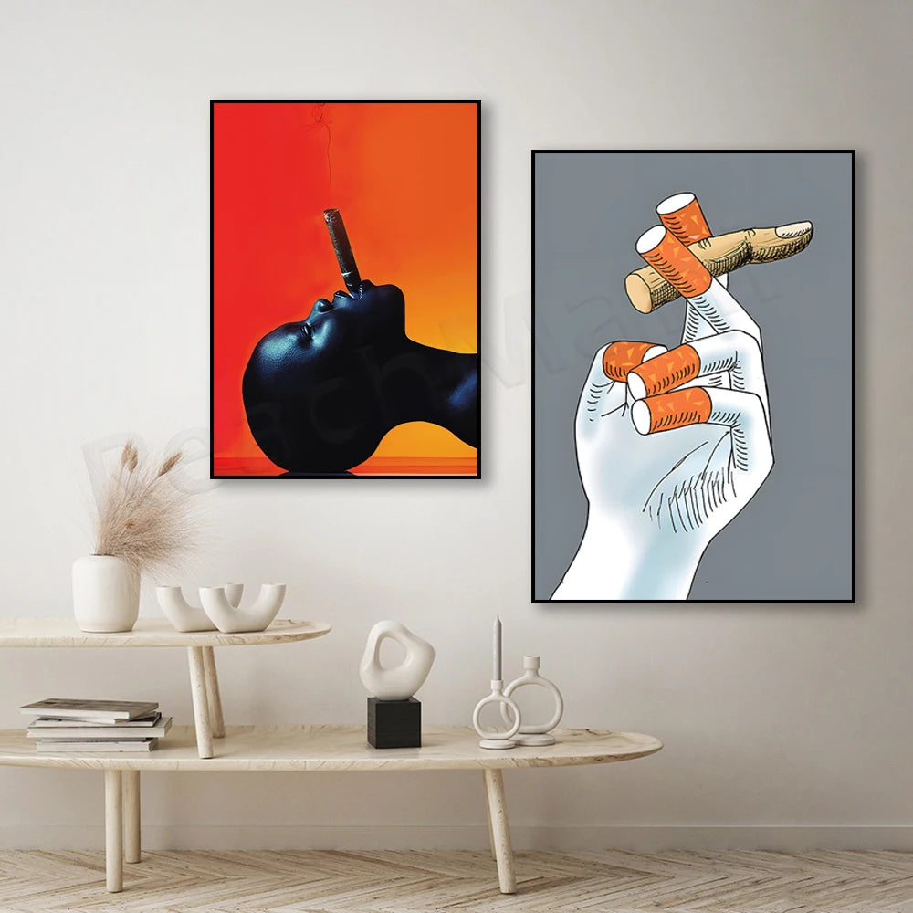 Deux illustrations artistiques aux couleurs vives sont présentées, l'une montrant un visage peint en noir avec une cigarette, l'autre une main tenant des allumettes.