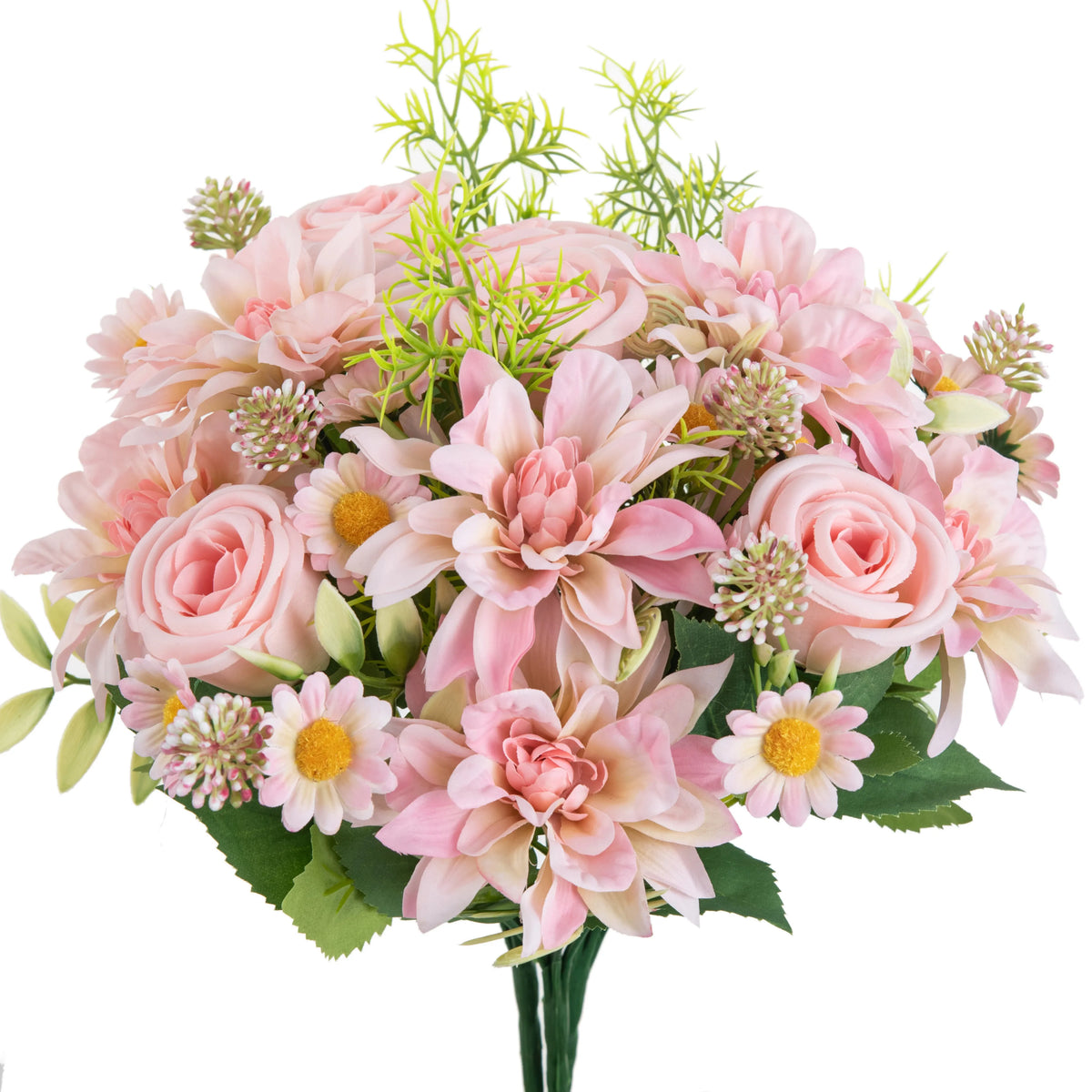 bouquet fleurs artificielles rose clair blanc orange violet dahlia marguerites feuilles vertes réaliste décoration