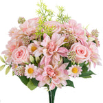 bouquet fleurs artificielles rose clair blanc orange violet dahlia marguerites feuilles vertes réaliste décoration