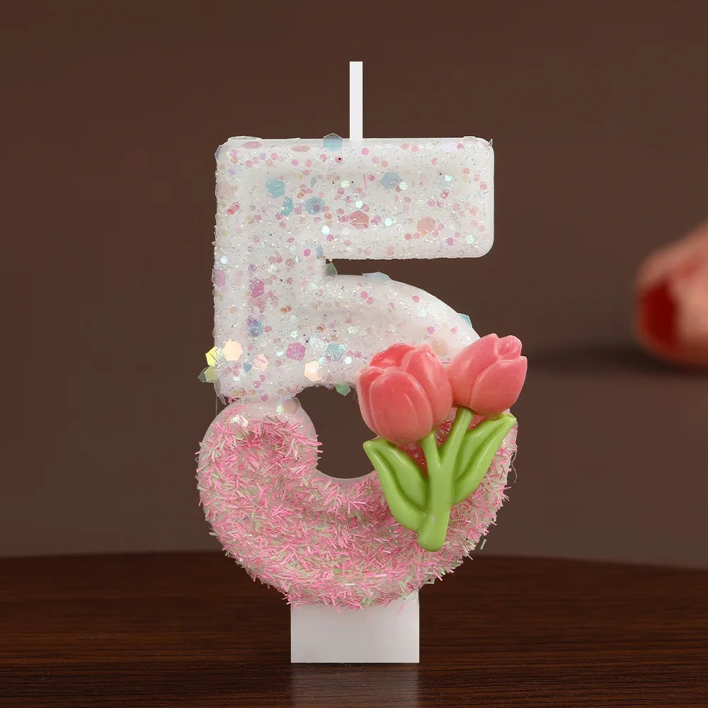 bougies forme chiffres blanc rose vert paillettes fleurs roses feuilles vertes festive tringle boîte