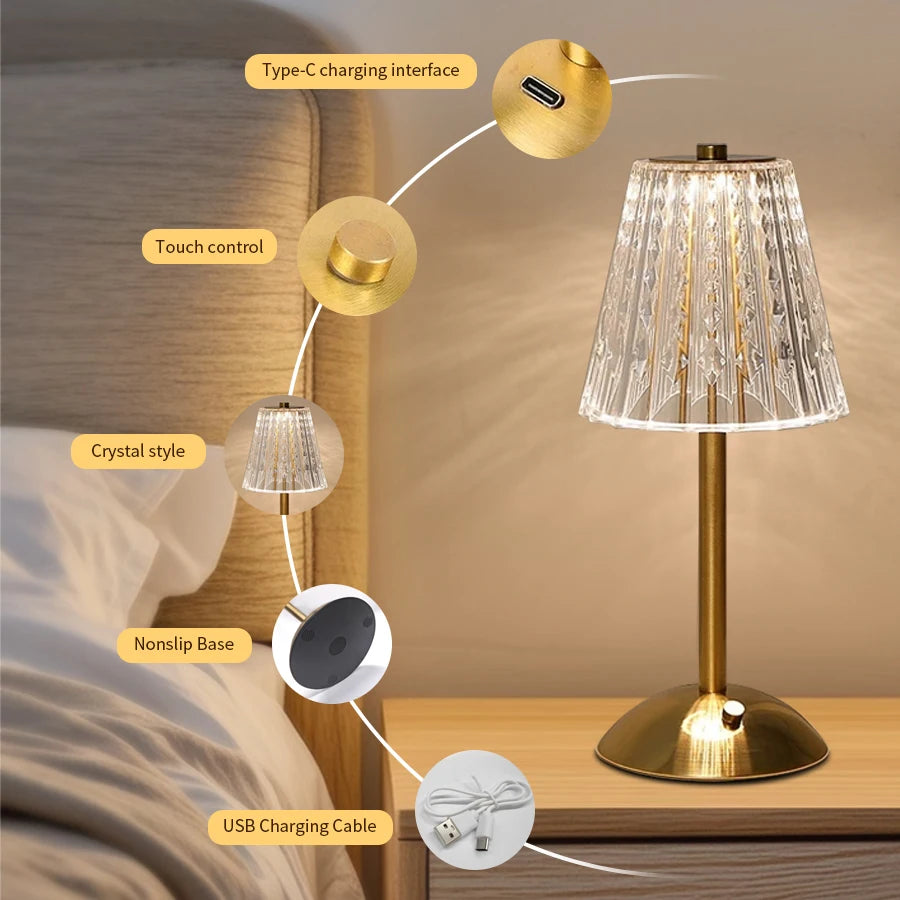 lampe table or transparente plissée touch control moderne élégante base anti dérapante recharge usb