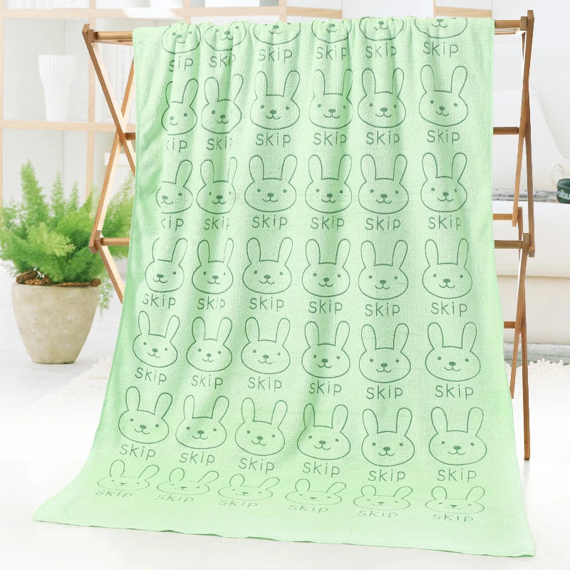 serviette bain polyester rapide motif lapins mignons couleurs violet rose vert bleu doux moderne