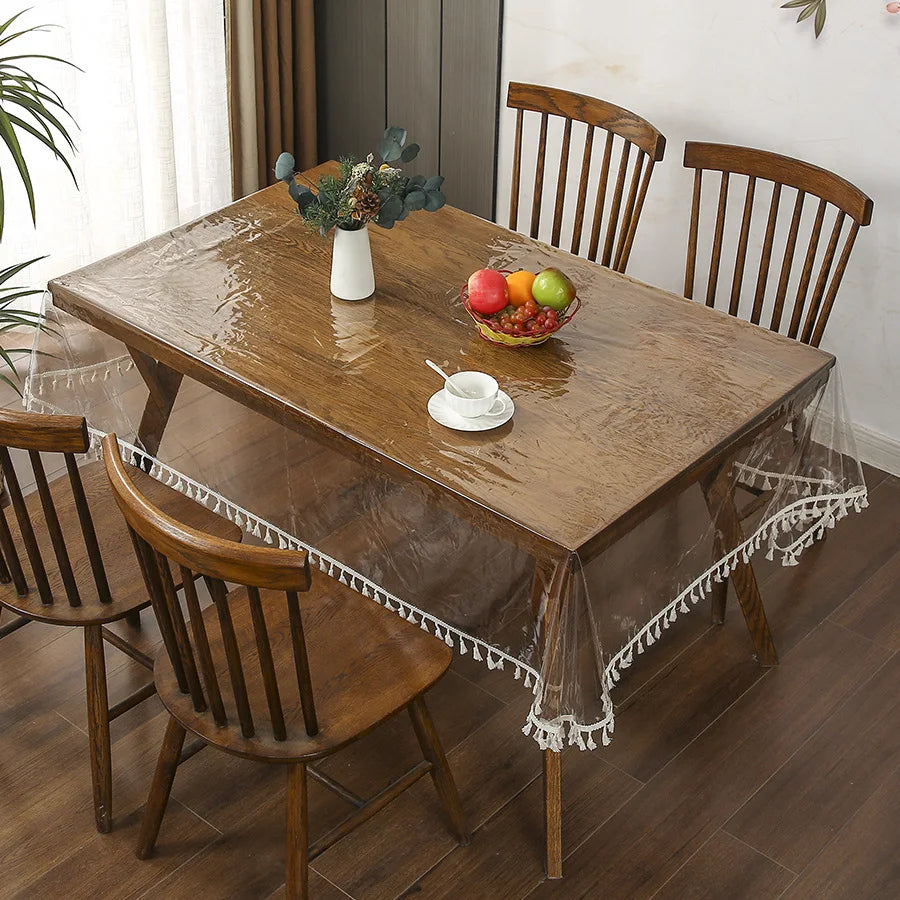 nappe table transparente franges blanches moderne imperméable extérieur mariage banquet haute qualité PVC