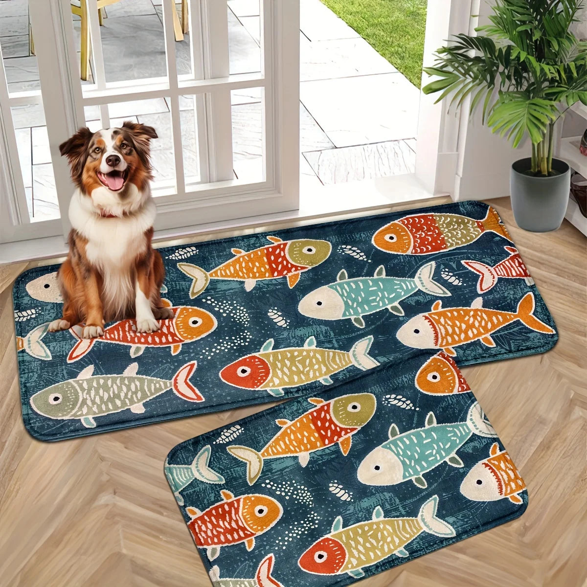 tapis poissons colorés moderne imperméable fond antidérapant polyester velours intérieur extérieur bleu foncé orange