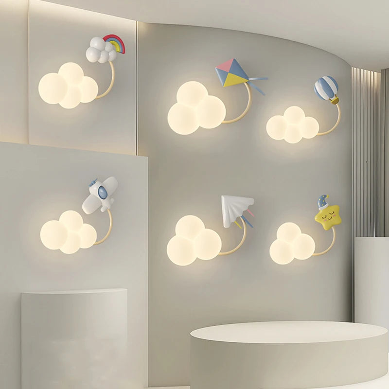lampe murale moderne enfant avion nuage arc ciel étoile blanc bleu rose jaune