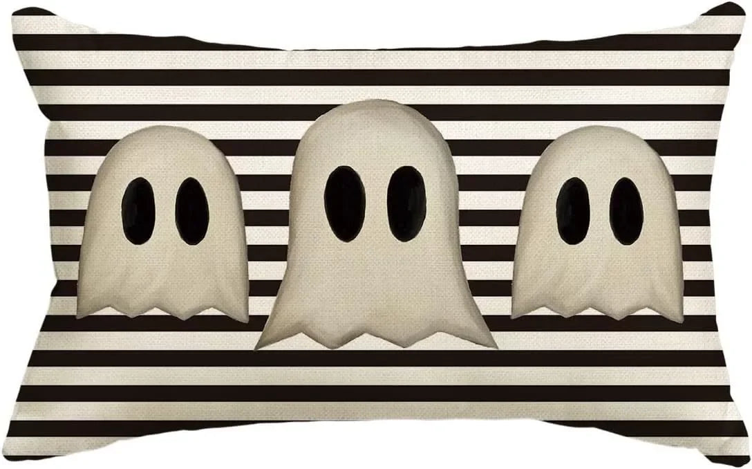 housses d'oreiller fantômes imprimées décoration halloween noires blanches adhésives maison hospitalières